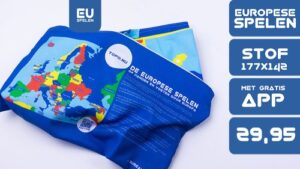 Speelkleed GeoRockers Europese Spelen in Verpakking. Overlappende tekst: Europese Spelen, Stof, 177 cm bij 142 cm, Gratis App, prijs 29,95.