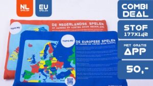 Speelkleed GeoRockers Nederlandse en Europese Spelen in Verpakking. Overlappende tekst: Combi Deal, Stof, 177 cm bij 142 cm, Gratis App, prijs 50.