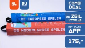 Speelkleed GeoRockers Nederlandse en Europese Spelen in Verpakking. Overlappende tekst: Combi Deal, Zeil, 177 cm bij 142 cm, Gratis App, prijs 175.